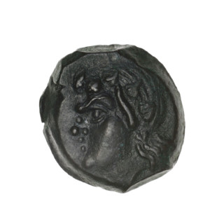 bronze coin, Pantikapaion; head of beardless Satyr in an ivy wreath to the left (obverse); bow and