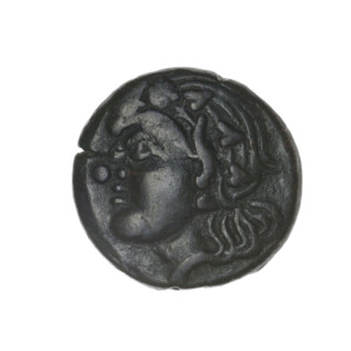 bronze coin, Pantikapaion; obverse: head of beardless Satyr in an ivy wreath facing left; reverse: