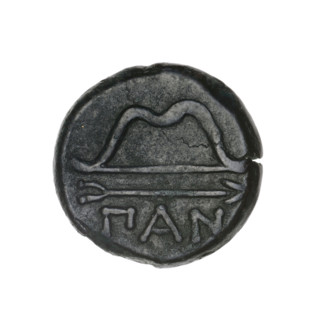 bronze coin, Pantikapaion; aw: head of beardless Satyr in an ivy wreath to the left; rw: bow and