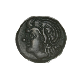 Bronze coin, Pantikapaion; obverse: head of beardless Satyr in an ivy wreath facing left; reverse: