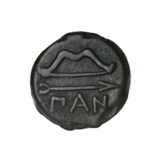 bronze coin, Pantikapaion; obverse: head of beardless Satyr in an ivy wreath to the left; reverse: