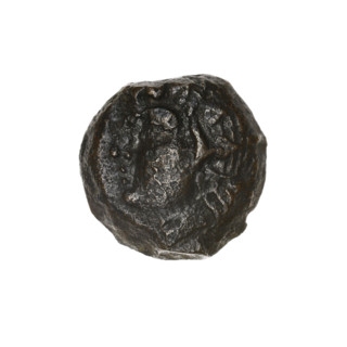 Bronze coin, Pantikapaion; obverse: head of a beardless satyr in an ivy wreath facing left;