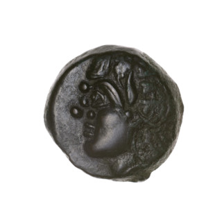 bronze coin, Pantikapaion, bow and arrow (iconographic), head of Satyr (iconographic), Satyr