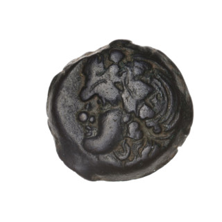 bronze coin, Pantikapaion; obverse: head of beardless Satyr in an ivy wreath left; reverse: bow and