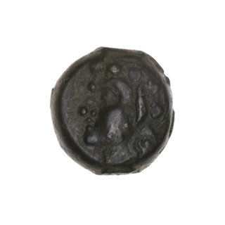 bronze coin, Pantikapaion; obverse: head of beardless Satyr in an ivy wreath facing left; reverse: