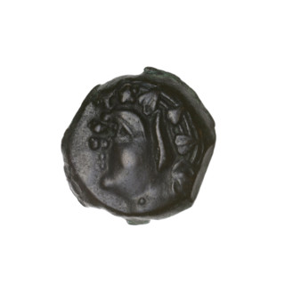 bronze coin, Pantikapaion; obverse: head of beardless Satyr in an ivy wreath facing left; reverse: