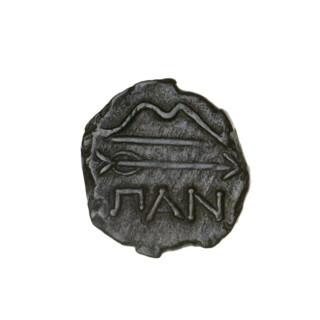 bronze coin, Pantikapaion; aw: head of beardless Satyr in an ivy wreath to the left; rw: bow and