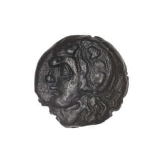 bronze coin, Pantikapaion; obverse: head of beardless Satyr in an ivy wreath facing left; reverse: