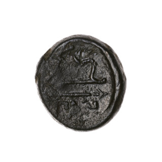 Bronze coin, Pantikapaion; obverse: head of a bearded Satyr in an ivy wreath to the left, pierced