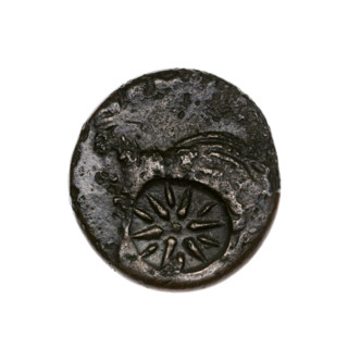bronze coin, Pantikapaion; obverse: head of bearded Satyr in ivy wreath facing left, pierced and
