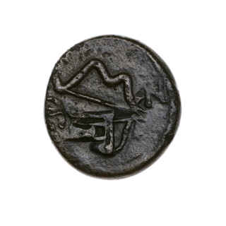 bronze coin, Pantikapaion; head of Satyr (iconographic); bow and arrow (iconographic); bow in