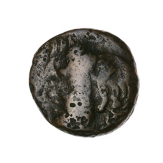 bronze coin, Pantikapaion; head of Satyr (iconographic); bow and arrow (iconographic); countermarks