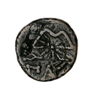 bronze coin, Pantikapaion; obverse: head of bearded Satyr in ivy wreath to the left, pierced on the