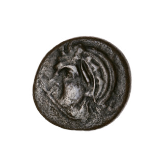 Bronze coin, Pantikapaion; obverse: head of bearded Satyr in ivy wreath left, pierced on type of