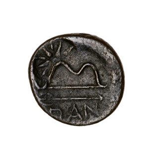 bronze coin, Pantikapaion; obverse: head of bearded Satyr in ivy wreath left, pierced on type of