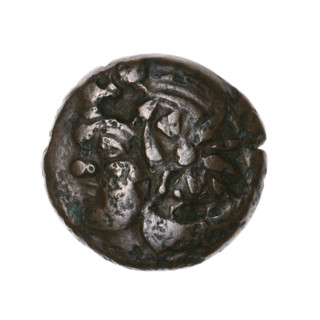 bronze coin, Pantikapaion; head of bearded Satyr in ivy wreath facing left, pierced on beardless