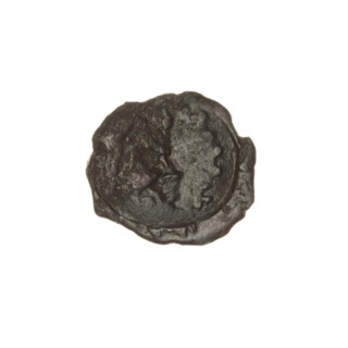bronze coin, Pantikapaion; obverse: head of bearded Satyr in ivy wreath facing right; reverse: bow