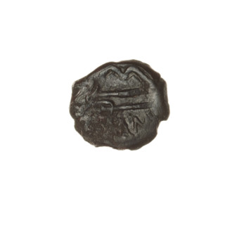 bronze coin, Pantikapaion; obverse: head of bearded Satyr in ivy wreath facing right; reverse: bow