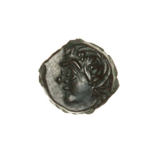bronze coin, Pantikapaion; obverse: head of beardless Satyr in an ivy wreath facing left; reverse: