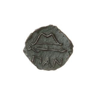 bronze coin, Pantikapaion; obverse: head of beardless Satyr in an ivy wreath facing left; reverse: