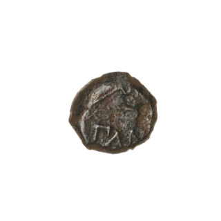 Bronze coin, Pantikapaion. Obverse: head of a beardless Satyr in an ivy wreath facing left.