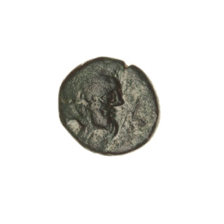 Bronze coin, Pantikapaion; obverse: head of bearded Satyr in ivy wreath facing right; reverse: bow