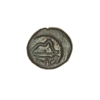 bronze coin, Pantikapaion; obverse: head of bearded Satyr in ivy wreath facing right; reverse: bow