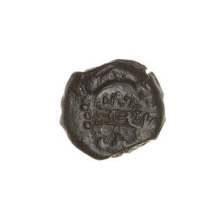 Bronze coin, Pantikapaion; obverse: bearded Satyr's head to the right, countermark (tripod and