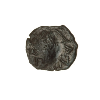 Bronze coin, Pantikapaion; obverse: bearded Satyr's head to the right, countermark (tripod and