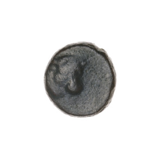 bronze coin, Pantikapaion; obverse: bull's head 3/4 to the right; reverse: plough to the left,