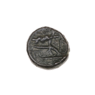 bronze coin, Pantikapaion; obverse: bull's head 3/4 to the right; reverse: plough to the left,