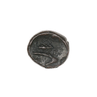 bronze coin, Pantikapaion; obverse: bull's head 3/4 right; reverse: plough left, above it ear of