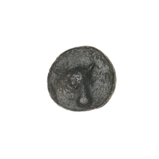 bronze coin, Pantikapaion; obverse: bull's head 3/4 to the right; reverse: plough to the left,
