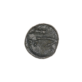 bronze coin, Pantikapaion; obverse: bull's head 3/4 to the right; reverse: plough to the left,