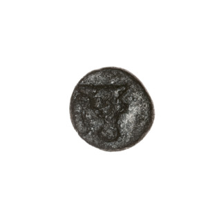 Bronze coin, Pantikapaion; obverse: bull's head three-quarters right; reverse: plough left, above