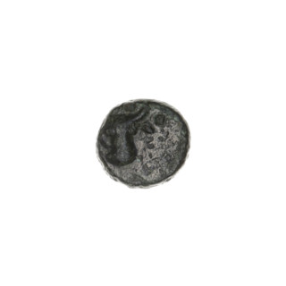 bronze coin, Pantikapaion; obverse: bull's head 3/4 to the right; reverse: plough to the left,