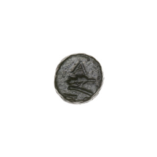 bronze coin, Pantikapaion; obverse: bull's head 3/4 to the right; reverse: plough to the left,