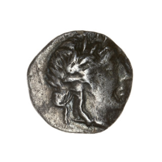 drachma, Pantikapaion, bow in a quiver (iconographic), head of Apollo (iconographic), monograms,