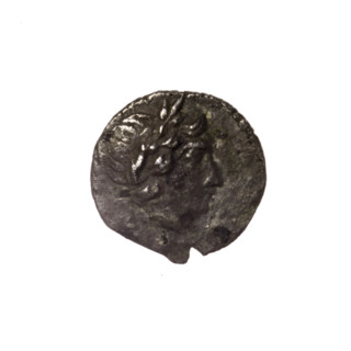 Diobol, Pantikapaion; obverse: head of Apollo right; reverse: lyre, inscription in two columns on