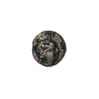 bronze coin, Pantikapaion; obverse: head of Apollo to the right; obverse: ear of corn to the left,