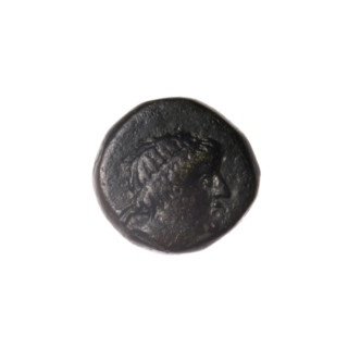 bronze coin, Pantikapaion; obverse: head of Apollo to the right; reverse: bow in a gorythos to the