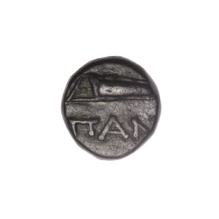 bronze coin, Pantikapaion; obverse: head of Apollo to the right; reverse: bow in a gorythos to the