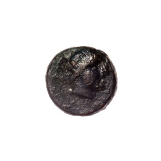 bronze coin, Pantikapaion; obverse: head of Apollo to the right; reverse: bow in a gorythos to the