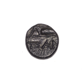 bronze coin, Pantikapaion; aw: head of Apollo to the right; rw: bow in a gorythos to the left,