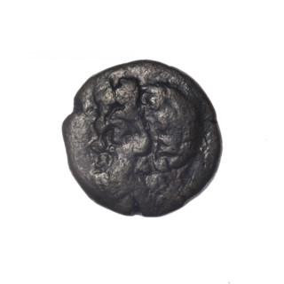Bronze coin from Pantikapaion; obverse: head of bearded Satyr in ivy wreath facing left; reverse: