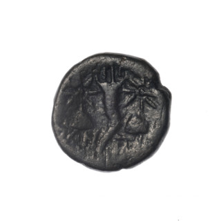 Bronze coin, Pantikapaion; obverse: head of bearded Satyr in ivy wreath facing left; reverse: