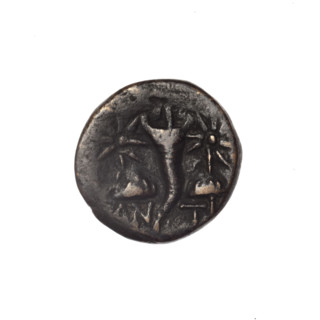 Bronze coin, Pantikapaion; obverse: head of bearded Satyr in ivy wreath facing left; reverse: