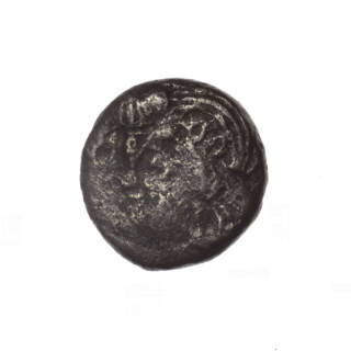 bronze coin, Pantikapaion; iconography: Dioscuri caps, Satyr's head, cornucopia; subject: Satyr