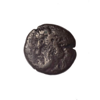 Bronze coin, Pantikapaion; obverse: head of bearded satyr in ivy wreath facing left; reverse: