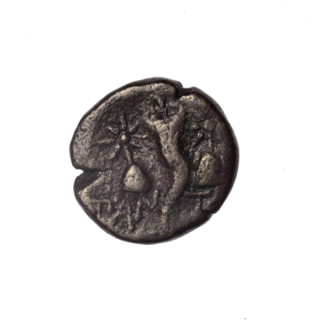 Bronze coin, Pantikapaion; obverse: head of bearded Satyr in ivy wreath facing left; reverse: